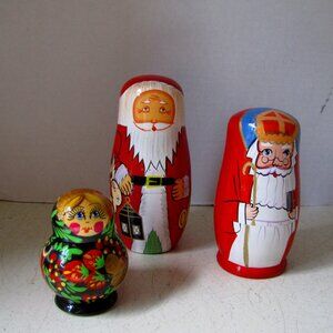 3 Sets Vintage Wood Nesting Russian Stacking Dolls LNC